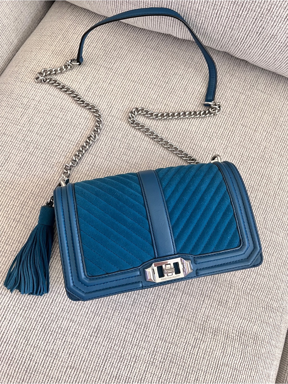 Rebecca Minkoff Love Teal Blue Quilted Suede Chain Crossbody Bag